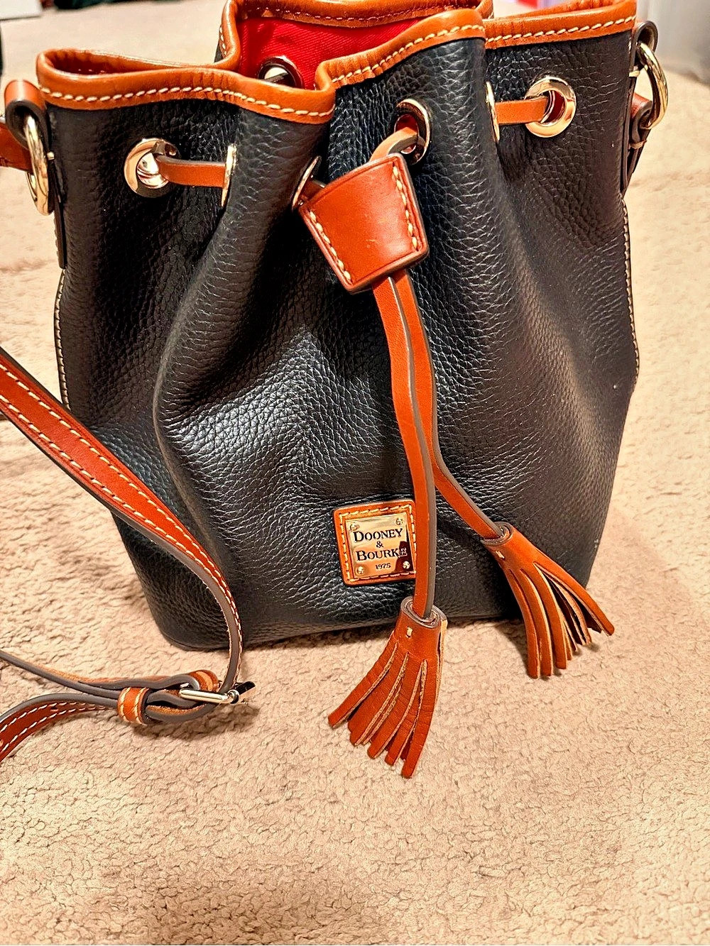 Dooney & Bourke Pebble Grain Drawstring Bucket Bag Black & Brown Drawstring Hobo